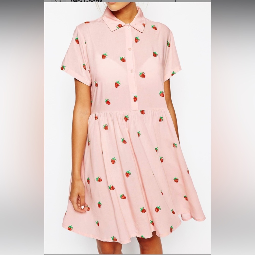Lazy Oaf Blush Pink Strawberry Babydoll Button-Up Dress